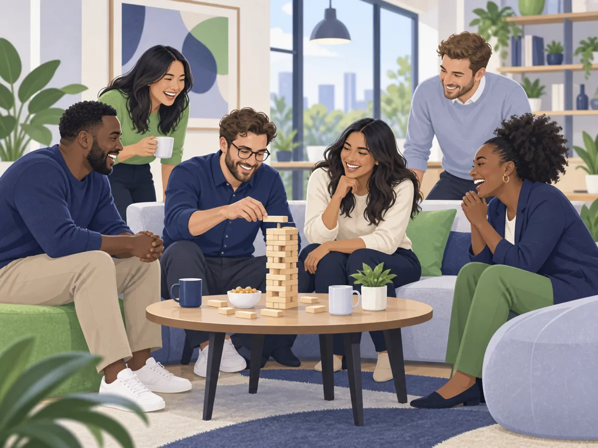 Illustration of coworkers laughing together over a tabletop game in an office lounge.